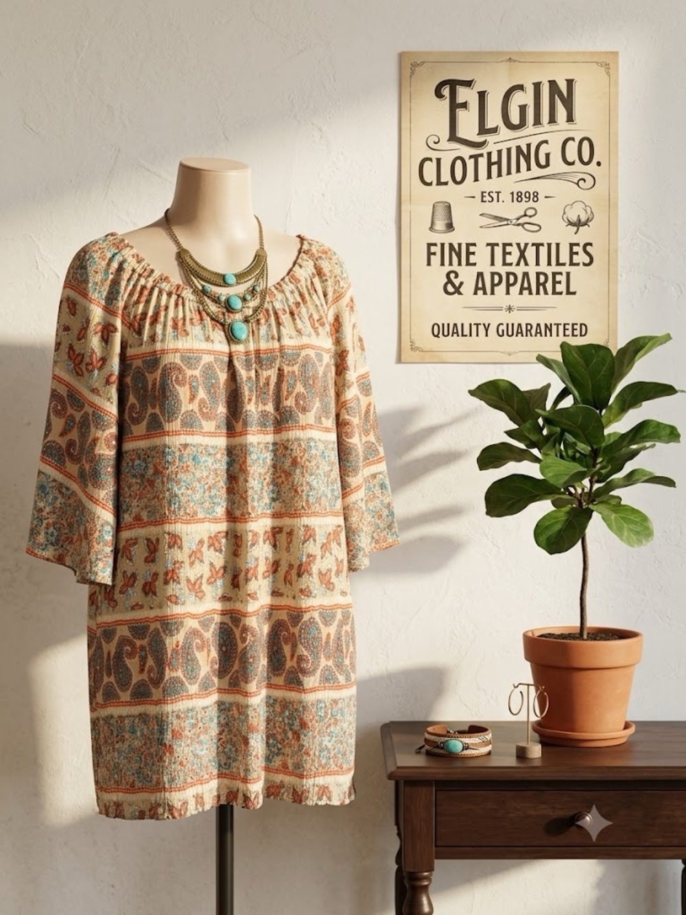 Catherines Cream Tunic with Turquoise and Brown Paisley Accents